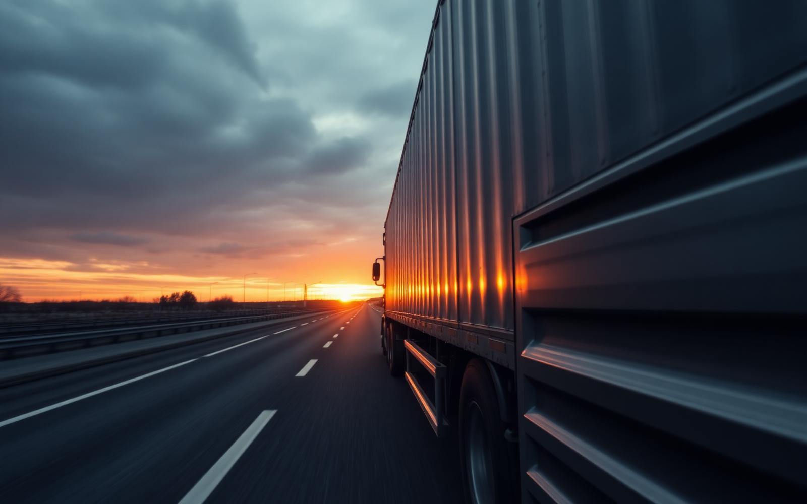 Freight truck on highway at sunrise